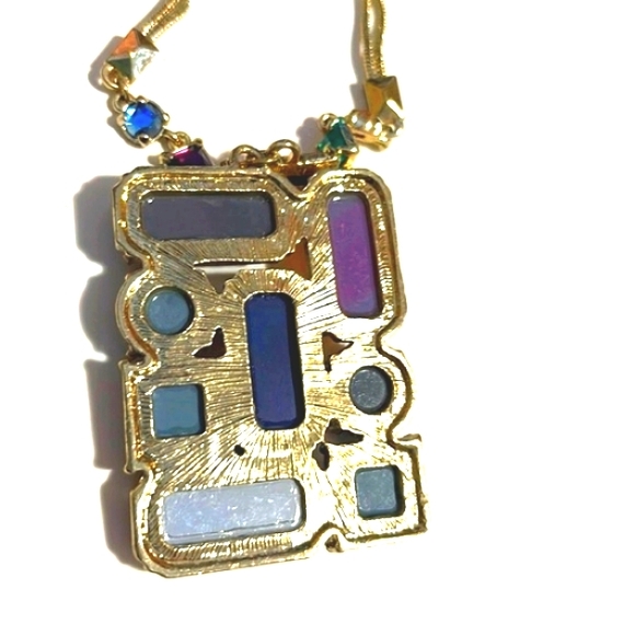 VINTAGE MULTICOLORED RHINESTONE PENDANT DOUBLE SNAKE CHAIN 18-21" NECKLACE - Picture 5 of 12
